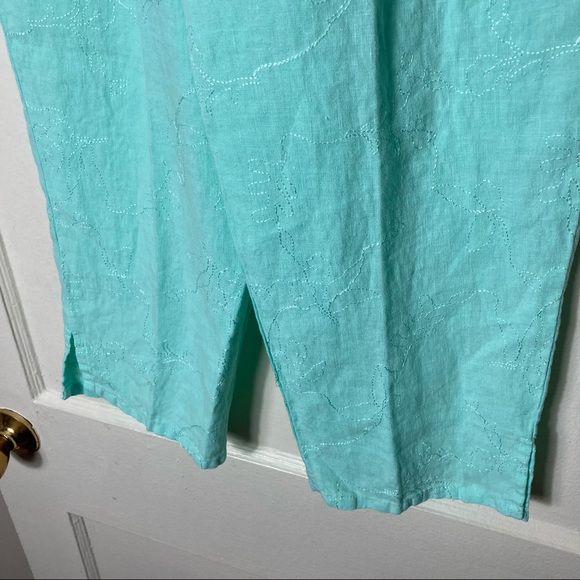 Russ Berens mint blue floral embroidered linen pull on pants women's S - Picture 4 of 9